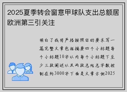 2025夏季转会窗意甲球队支出总额居欧洲第三引关注 2025夏季转会窗意甲球队支出总额居欧洲第三引关注